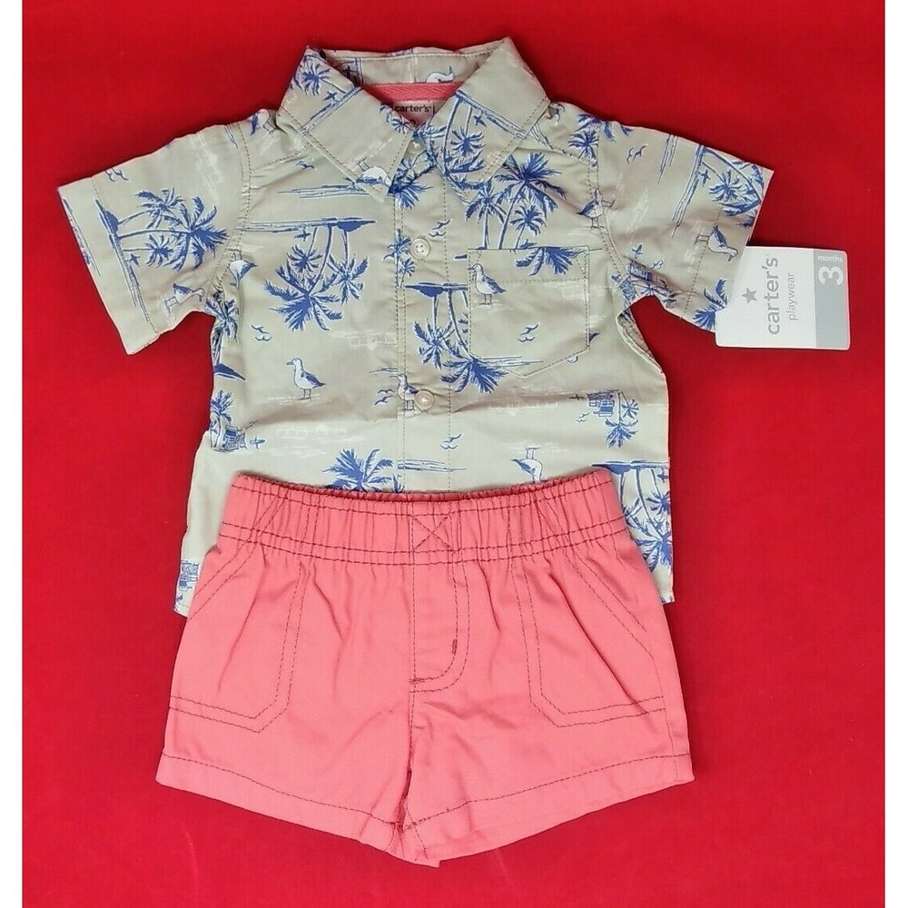 Carter's Boy's 2-Piece Shorts Shirt Set Palm Trees Size 3 Months Pink Green NEW